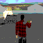 a man holding a rocket launcher overlooking a house and an exploding car