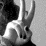 a dithered black and white image of a hand doing a peace sign