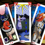 a spread of three tarot cards: the high priestess, the star, and the tower
