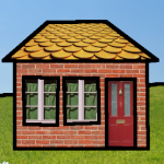 a photorealistic red brick house with a red front door, yellow tile roof, and two windows with green curtains
