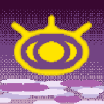 pixelart of a yellow eye floating above a purple sky