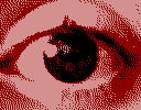a dithered red and black close up photograph of kate's eye