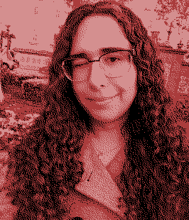 a dithered red and black photograph of kate bagenzo