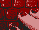 a dithered red and black photograph of kate's fingers resting on a keyboard