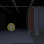 a dark hallway in a maze. the floors are blue and orange. an orb floats towards the left